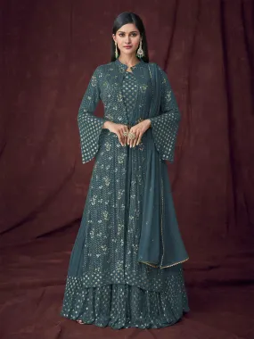 Odette Women Teal Semi Stitched Kurta Set With Overlay