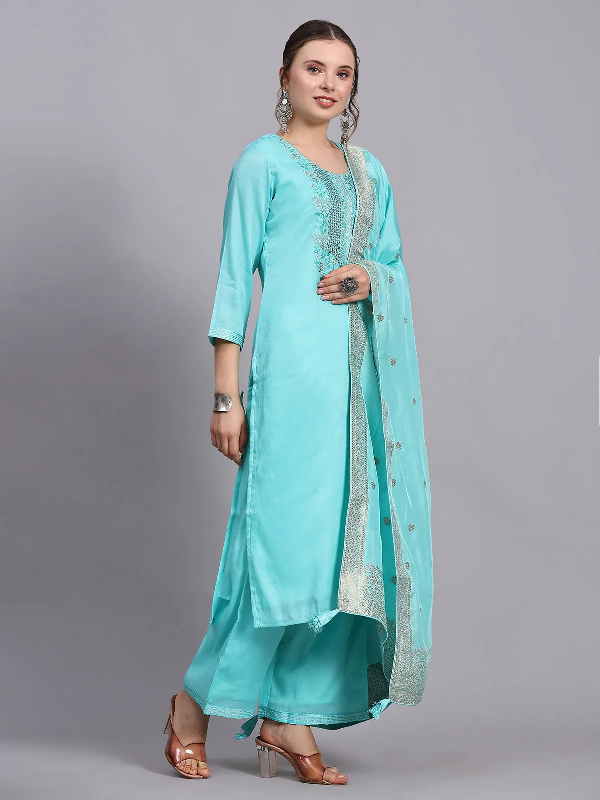 Odette Women Turquoise Viscose Embroidered Stitched Kurta Set