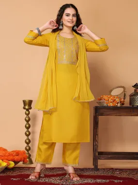 Odette Yellow Cotton Blend Embroidered Stitched Kurta set for Women