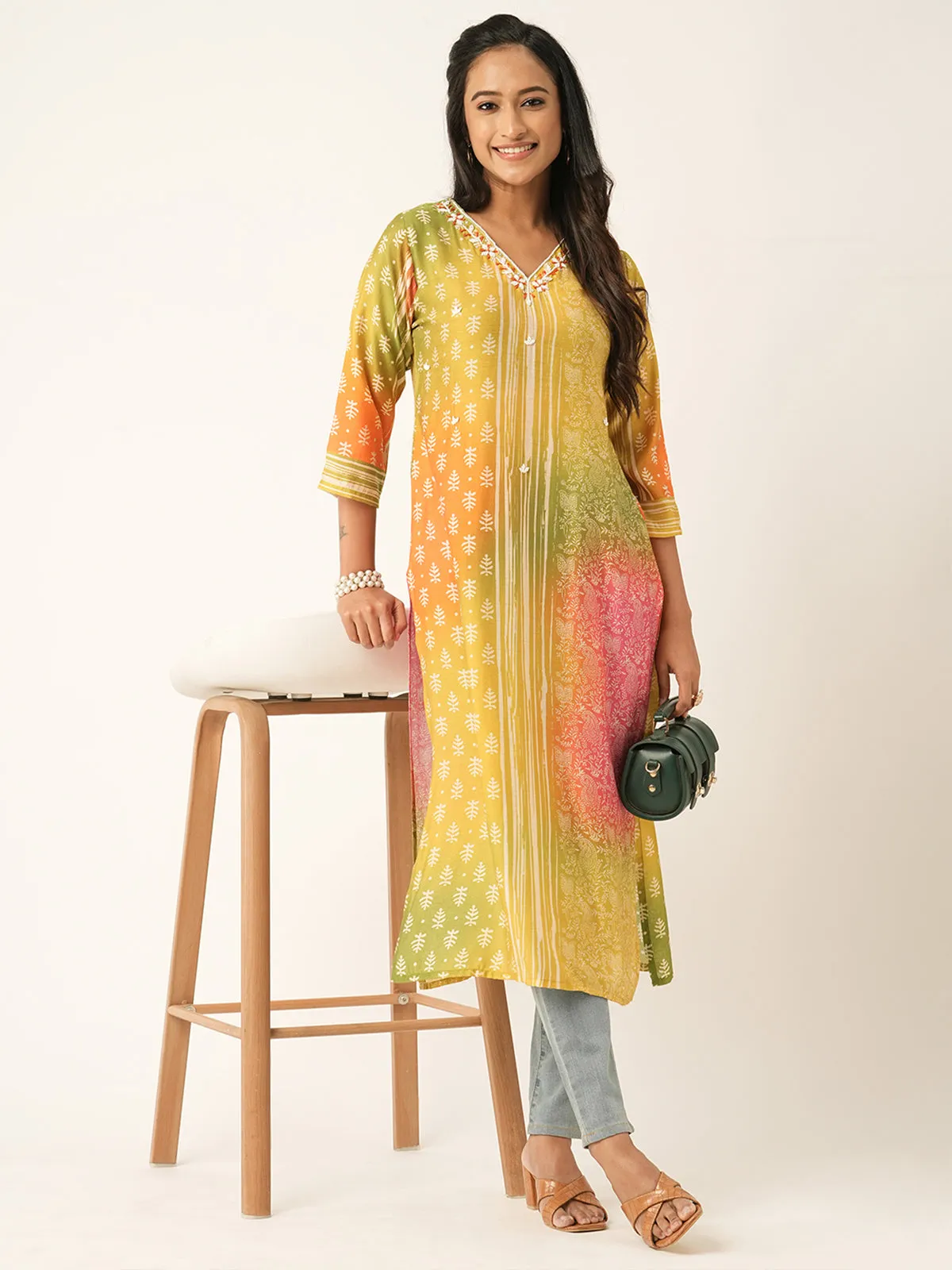 Odette Yellow Muslin Printed Stitched Kurta for Women