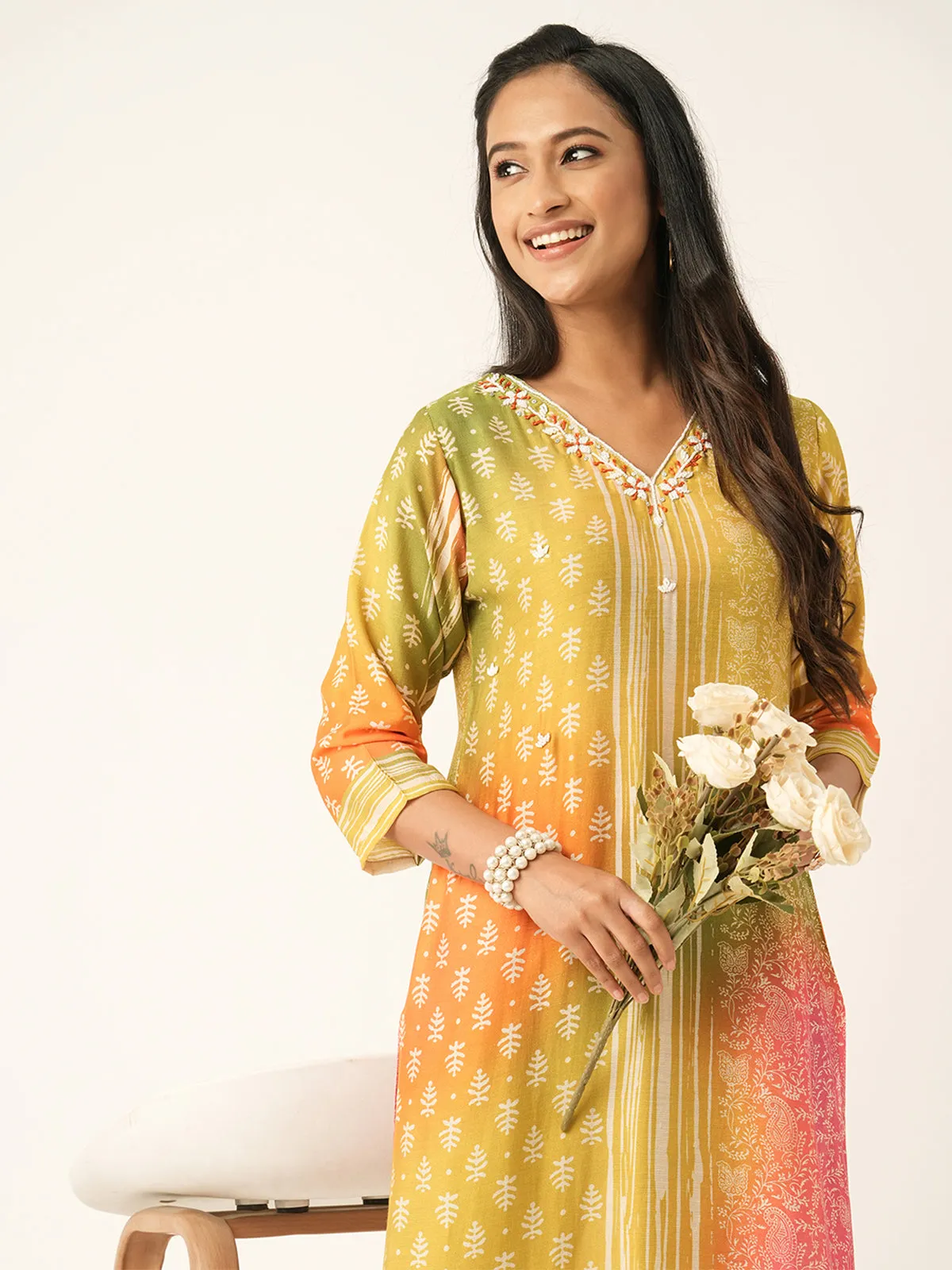 Odette Yellow Muslin Printed Stitched Kurta for Women