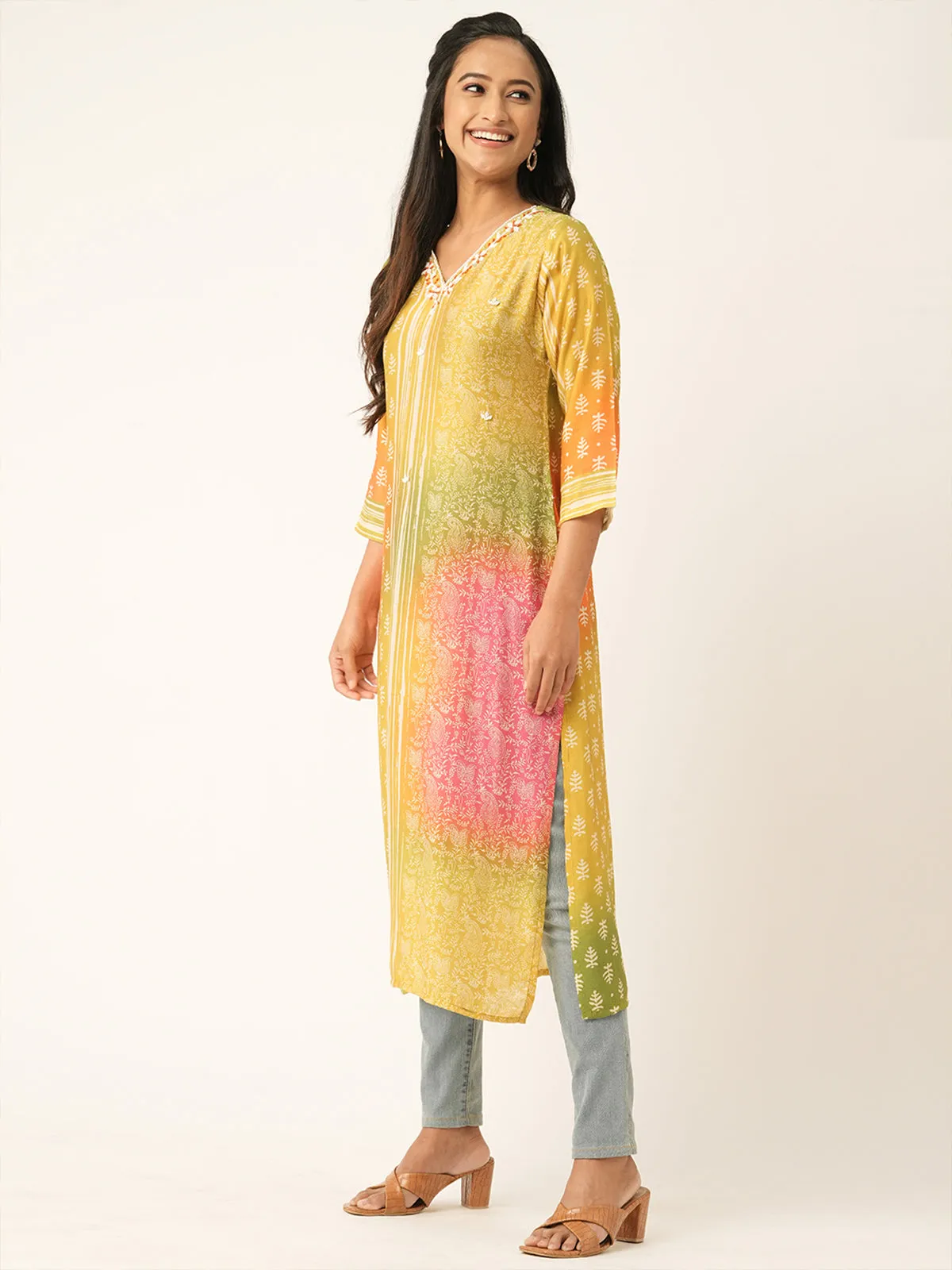 Odette Yellow Muslin Printed Stitched Kurta for Women