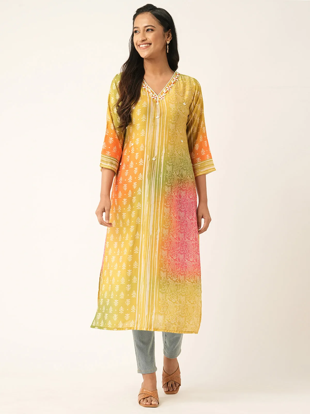 Odette Yellow Muslin Printed Stitched Kurta for Women