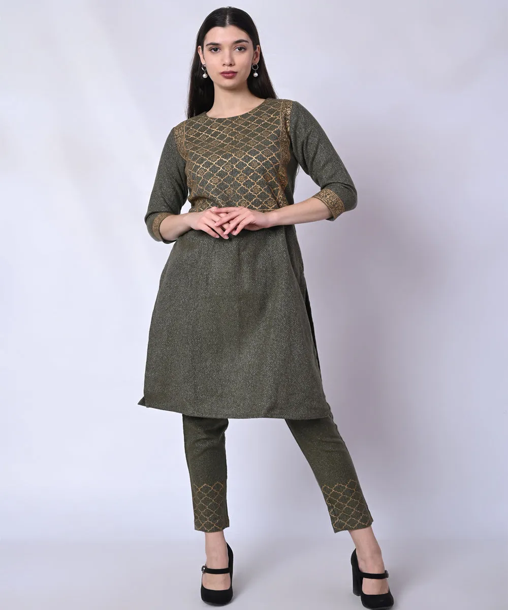 Olive green hand block printed woolen kurta set