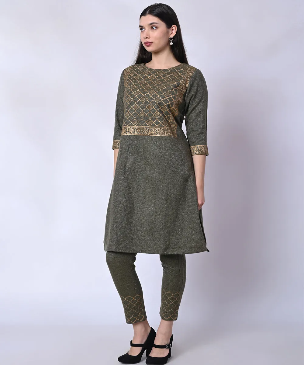 Olive green hand block printed woolen kurta set