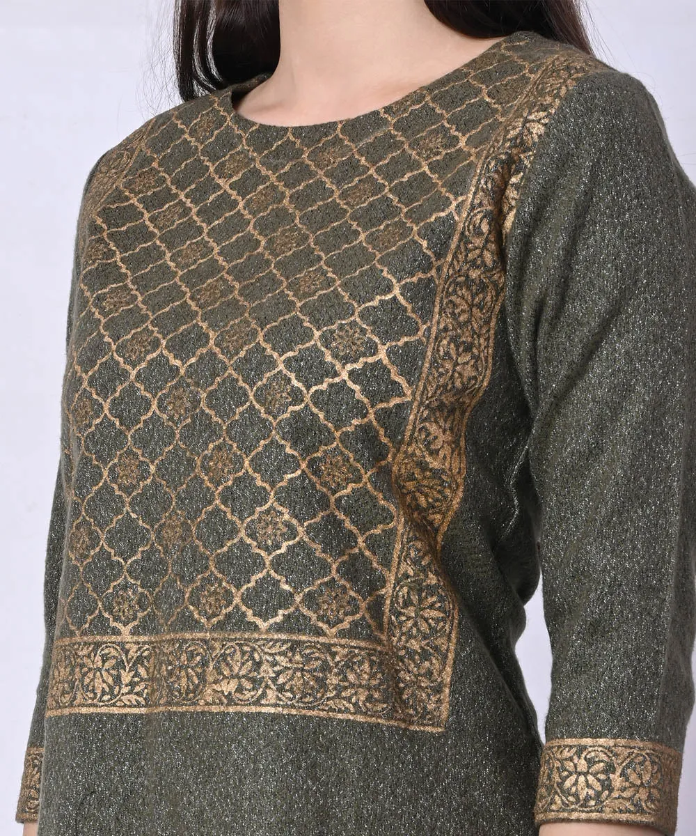 Olive green hand block printed woolen kurta set