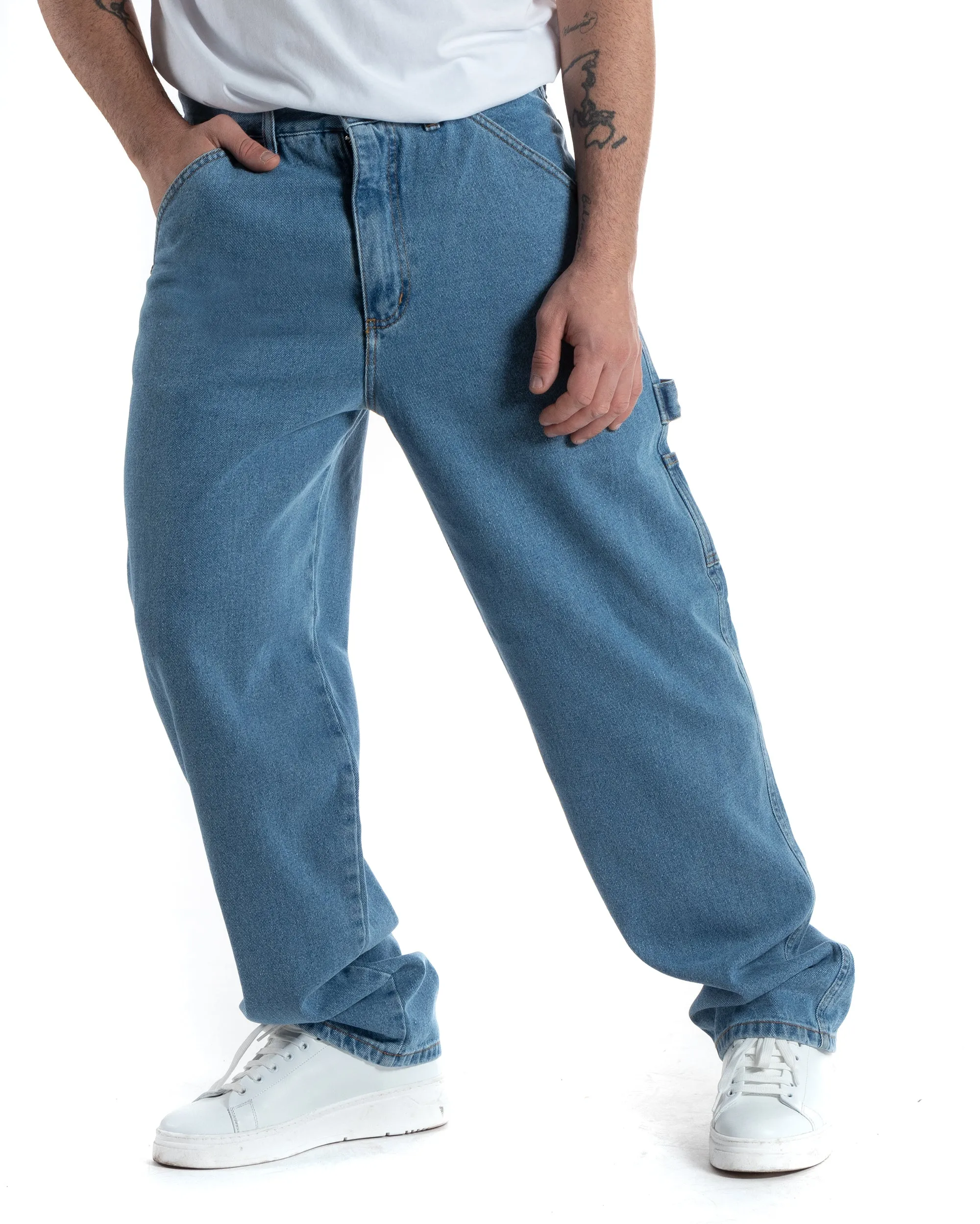 Pantaloni Jeans Uomo Baggy Fit Carpenter Worker Cargo Con Ricamo Denim Chiaro GIOSAL-P5991A