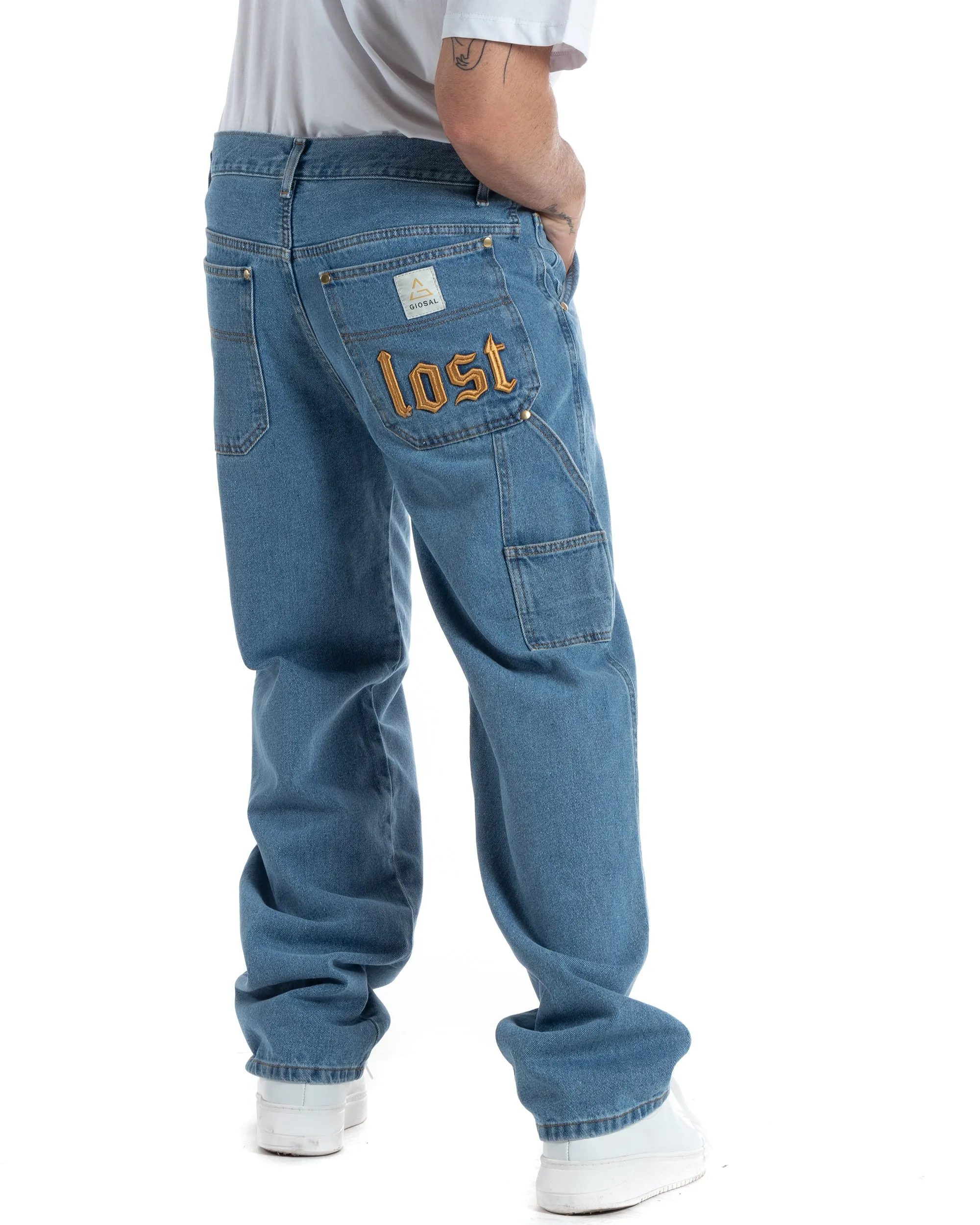 Pantaloni Jeans Uomo Baggy Fit Carpenter Worker Cargo Con Ricamo Denim Chiaro GIOSAL-P5991A