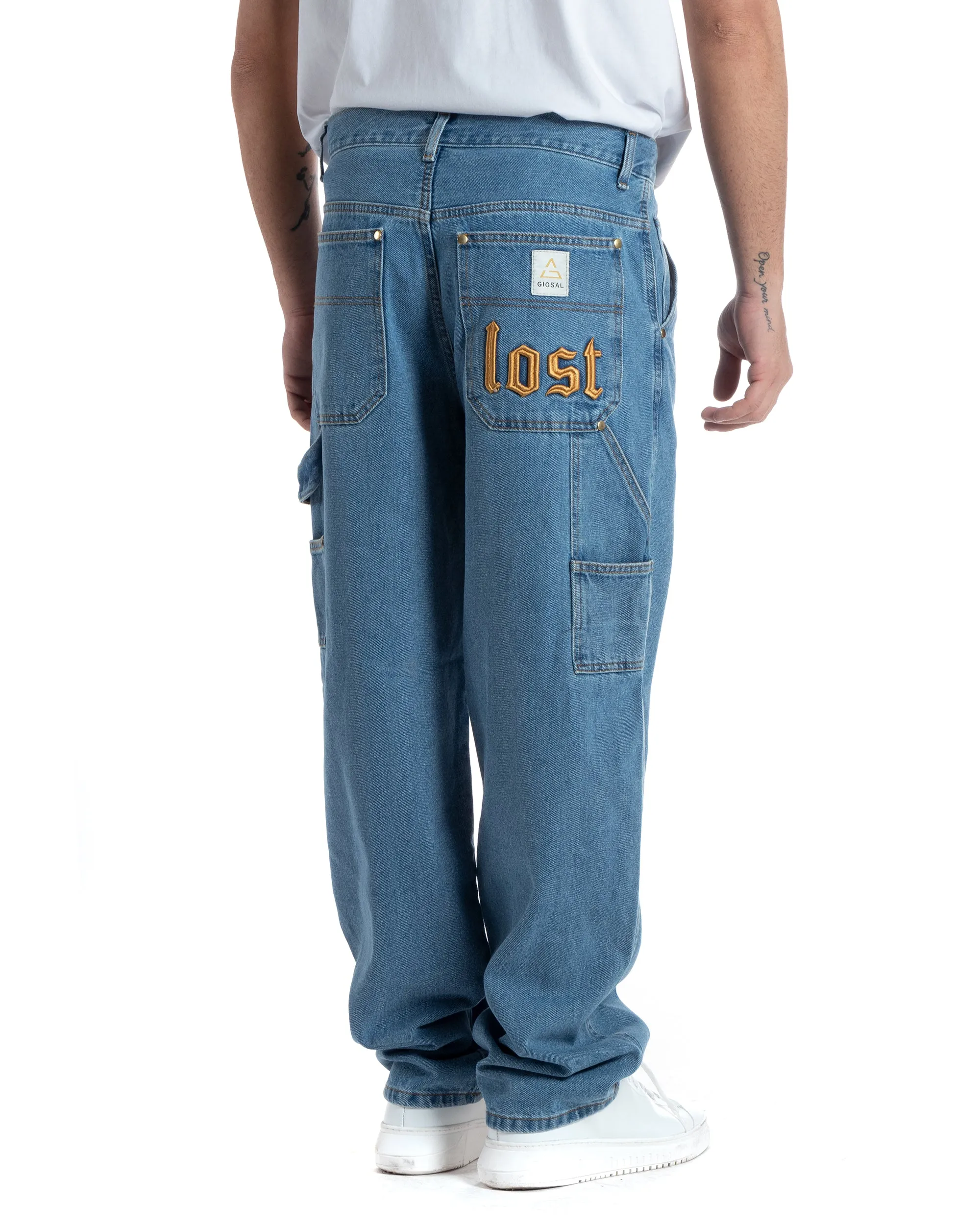 Pantaloni Jeans Uomo Baggy Fit Carpenter Worker Cargo Con Ricamo Denim Chiaro GIOSAL-P5991A