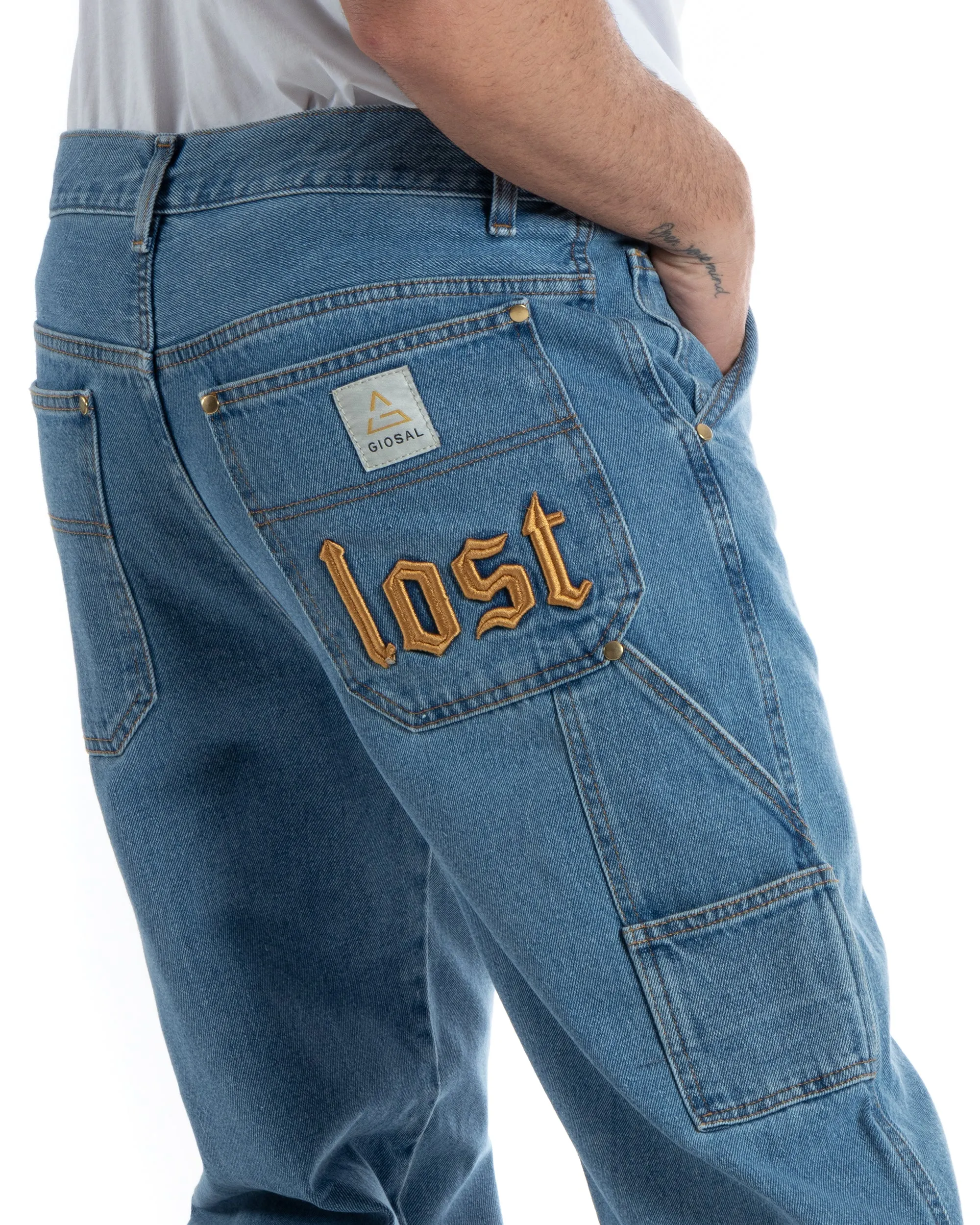 Pantaloni Jeans Uomo Baggy Fit Carpenter Worker Cargo Con Ricamo Denim Chiaro GIOSAL-P5991A