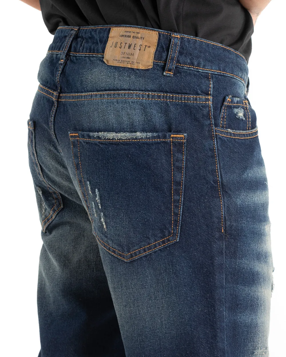 Pantaloni Jeans Uomo Loose Fit Denim Scuro Con Rotture Sabbiato GIOSAL-P5445A