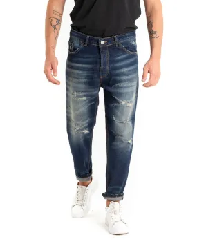 Pantaloni Jeans Uomo Loose Fit Denim Scuro Con Rotture Sabbiato GIOSAL-P5445A