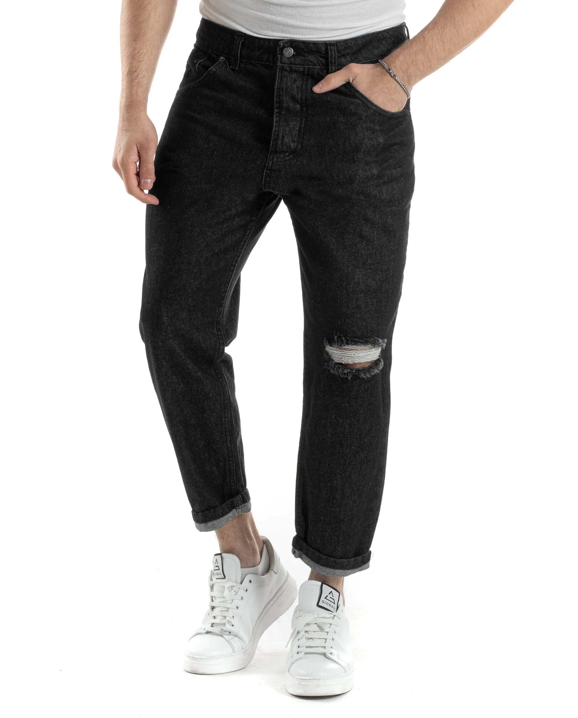 Pantaloni Jeans Uomo Straight Fit Taglio Al Ginocchio Denim Stonewashed Nero GIOSAL-JS1019A