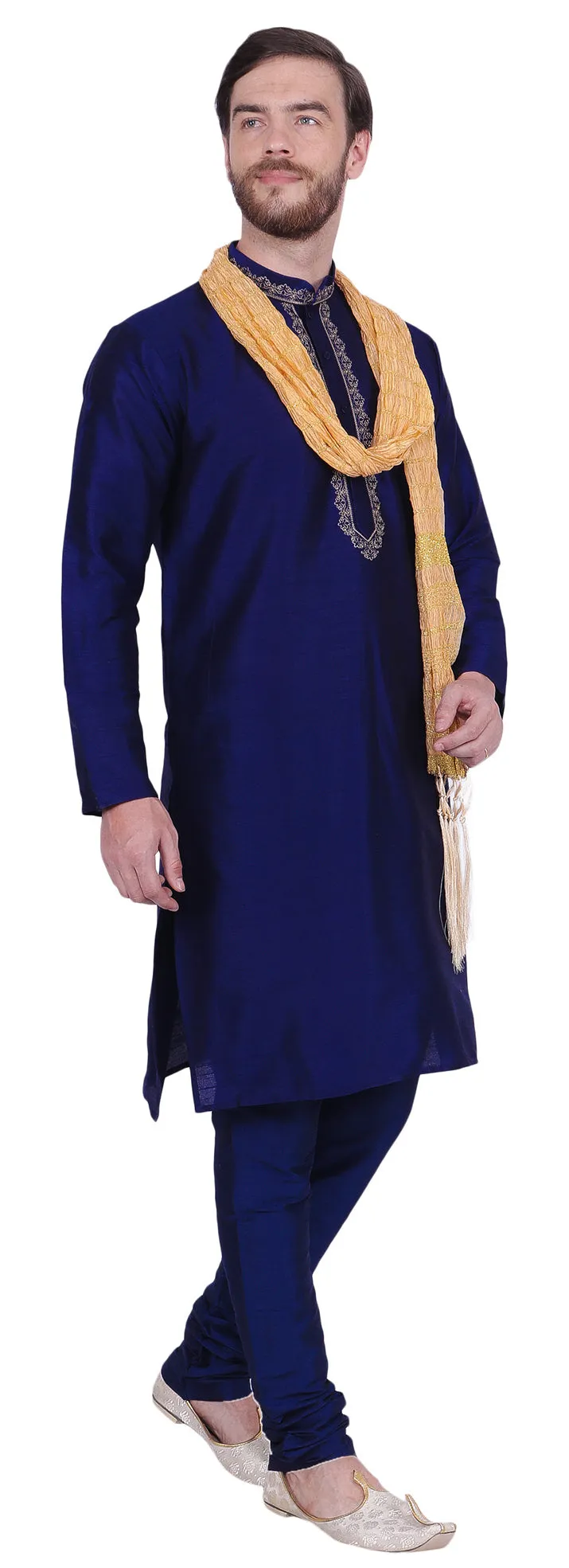 Party Wear Dupion Silk Men's Kurta Pyjama with Scarf Indian Clothes (Blue)