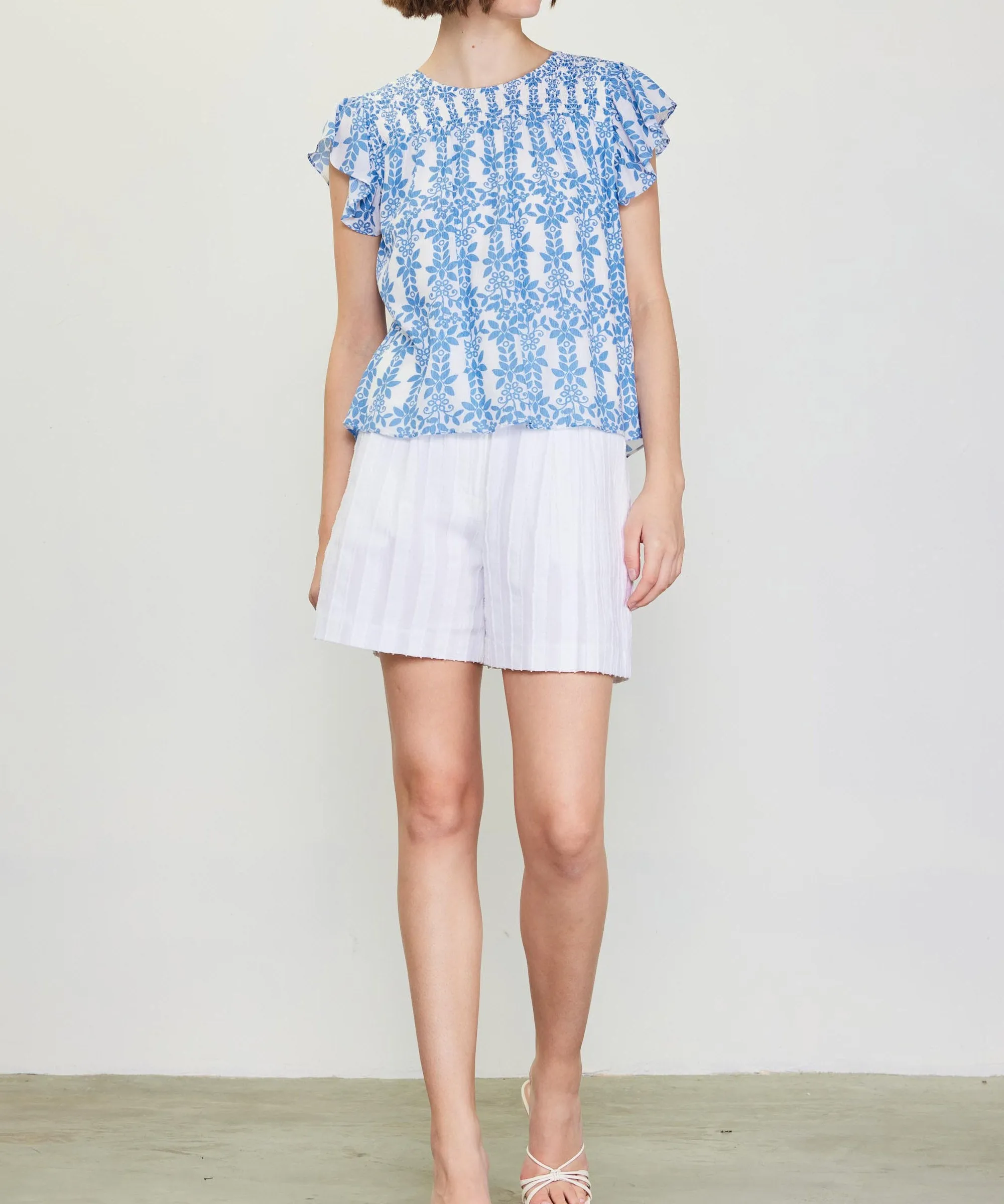 Printed Smocked Yoke Top - Blue