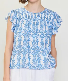 Printed Smocked Yoke Top - Blue