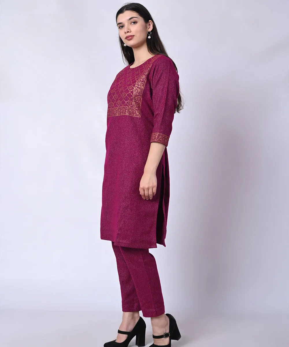 Purple hand block printed woolen kurta set