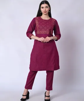 Purple hand block printed woolen kurta set