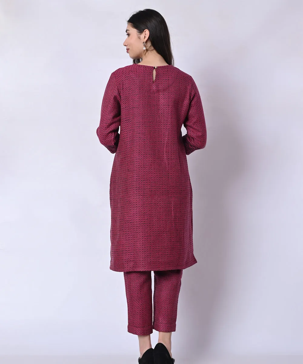 Purple woolen hand block printed kurta set