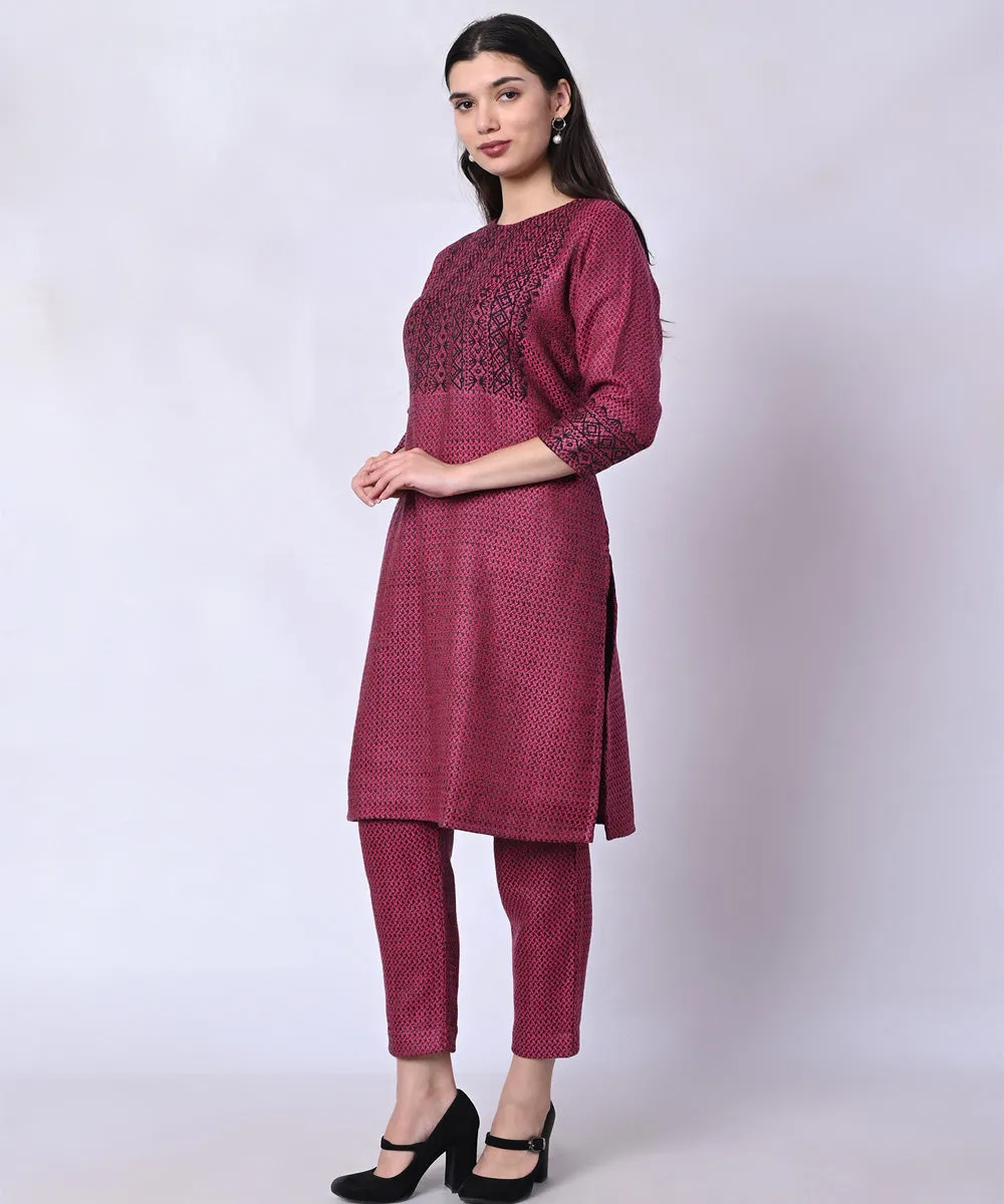 Purple woolen hand block printed kurta set