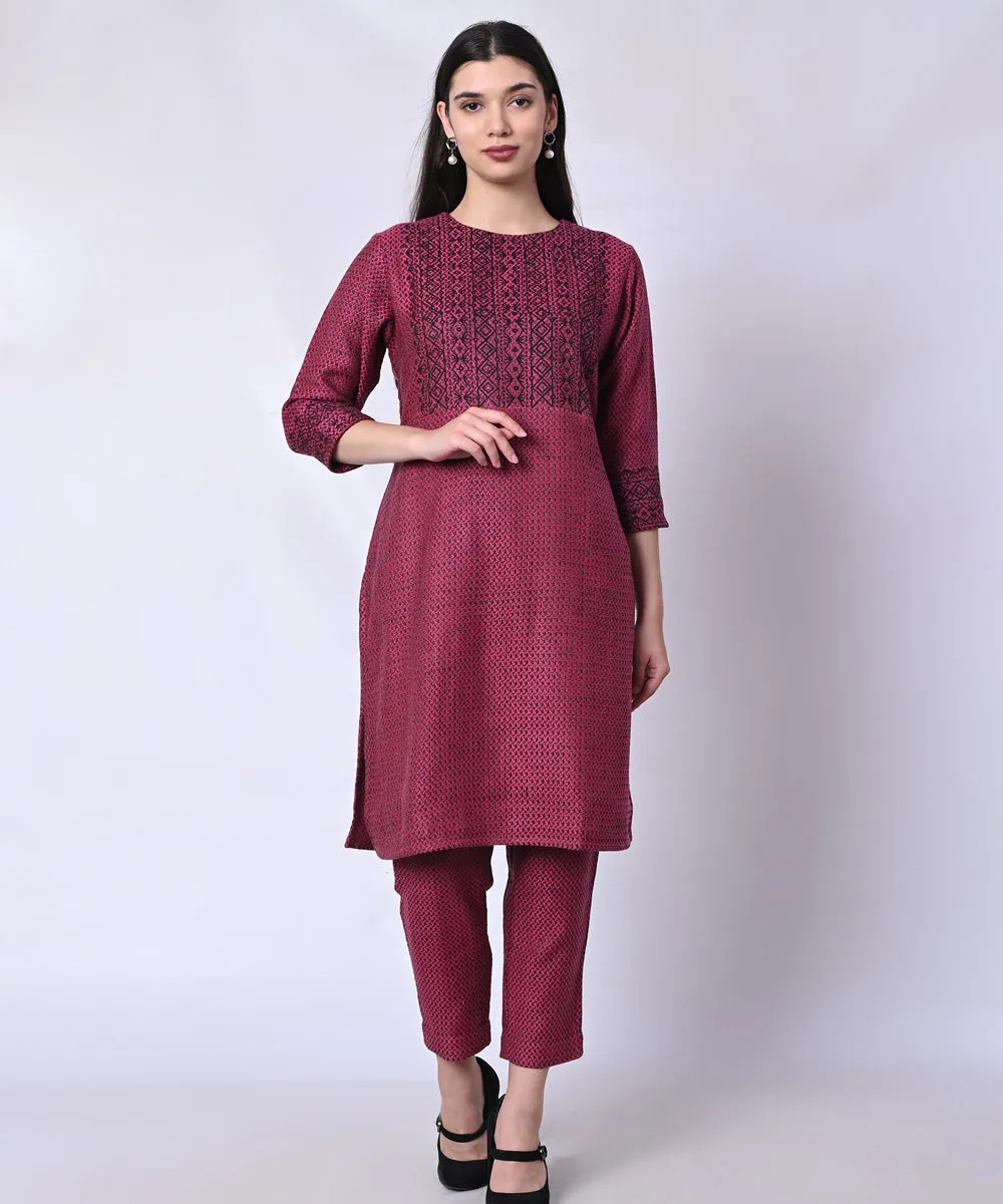 Purple woolen hand block printed kurta set