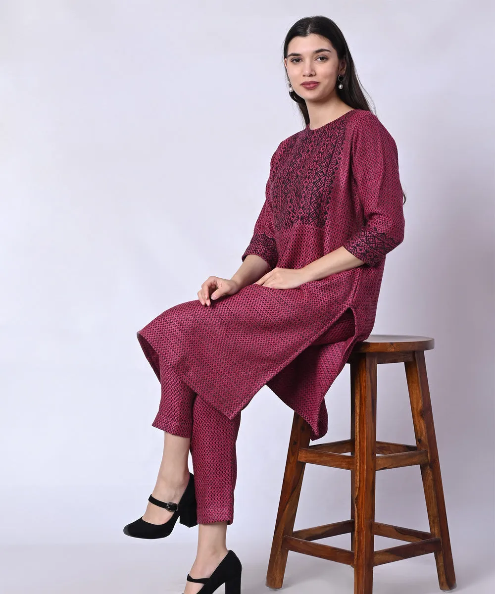 Purple woolen hand block printed kurta set