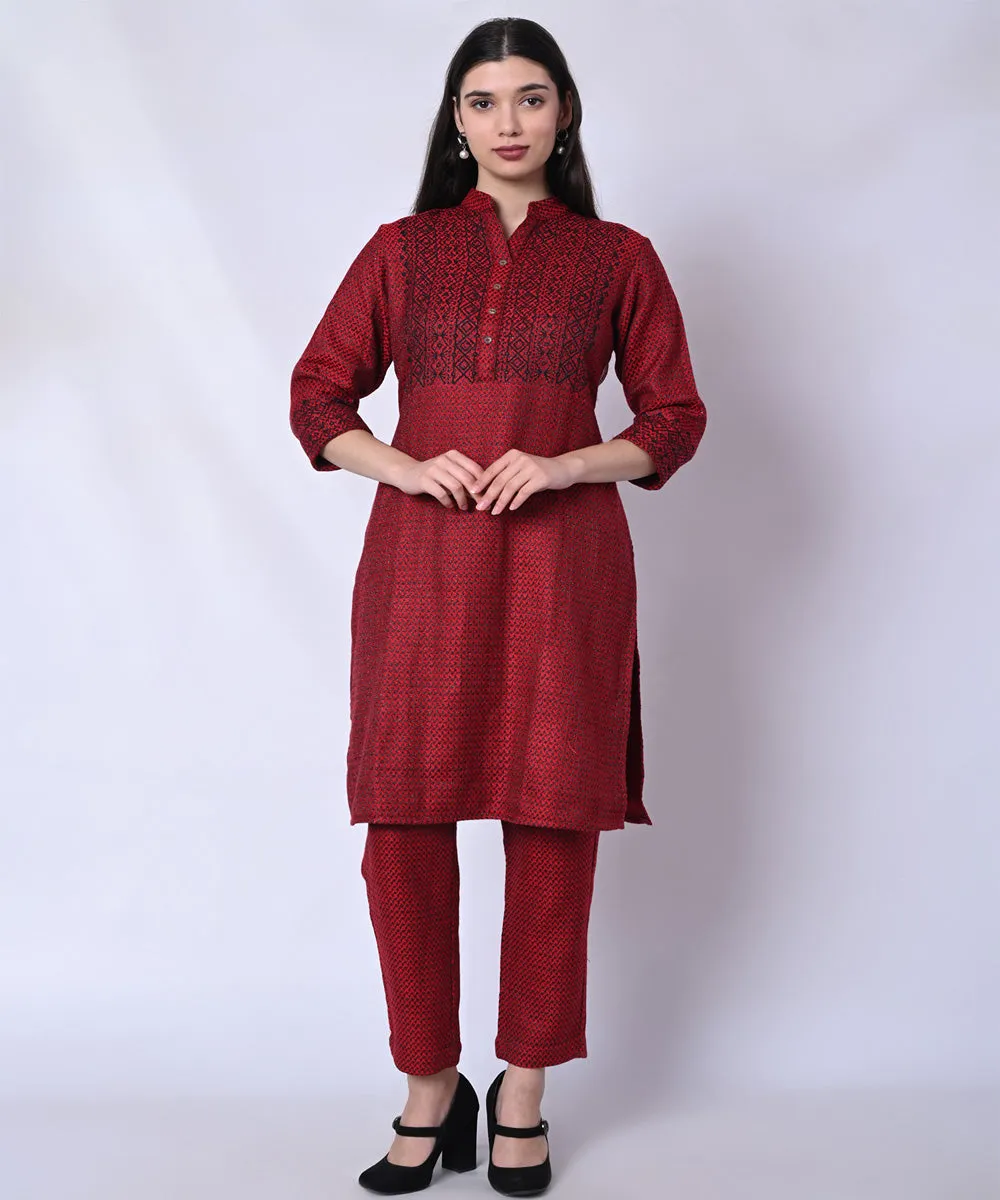 Red black handblock printed woolen kurta set