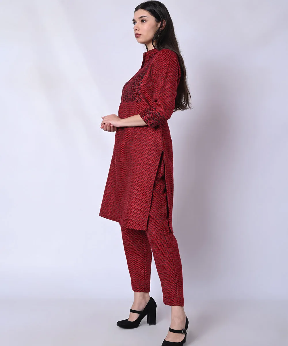 Red black handblock printed woolen kurta set