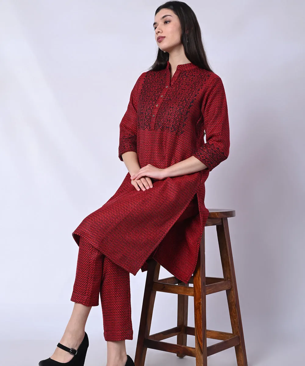 Red black handblock printed woolen kurta set