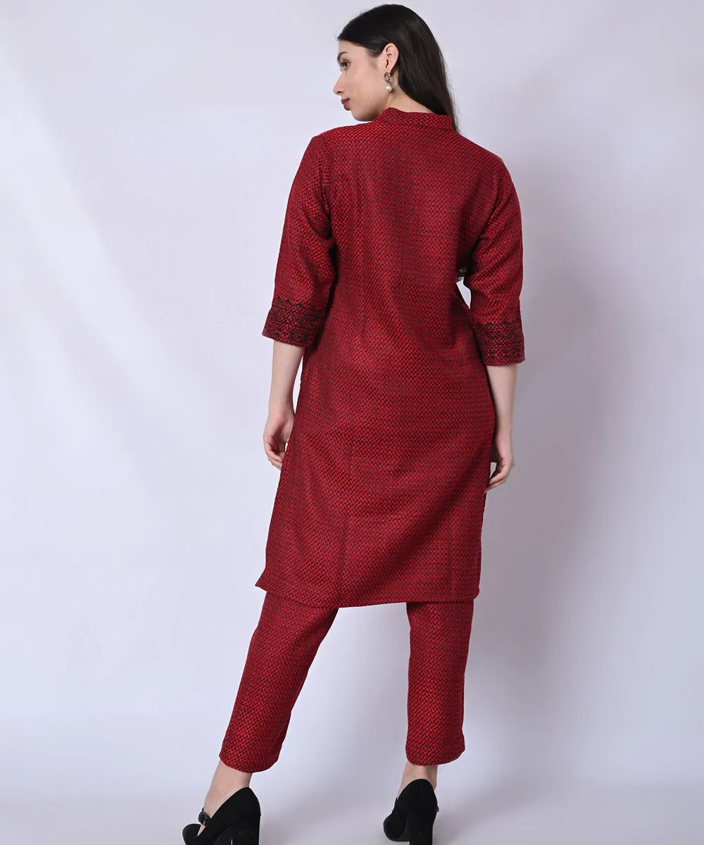 Red black handblock printed woolen kurta set