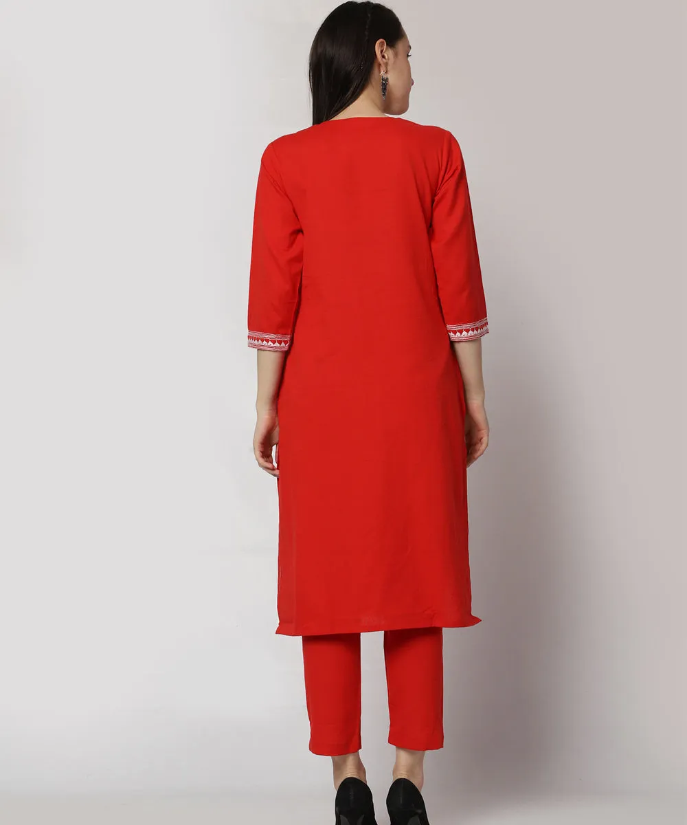 Red cotton hand embroidered 3/4 sleeve kurta set