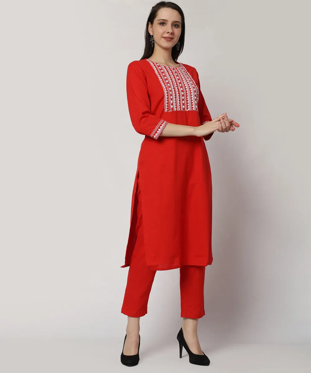 Red cotton hand embroidered 3/4 sleeve kurta set