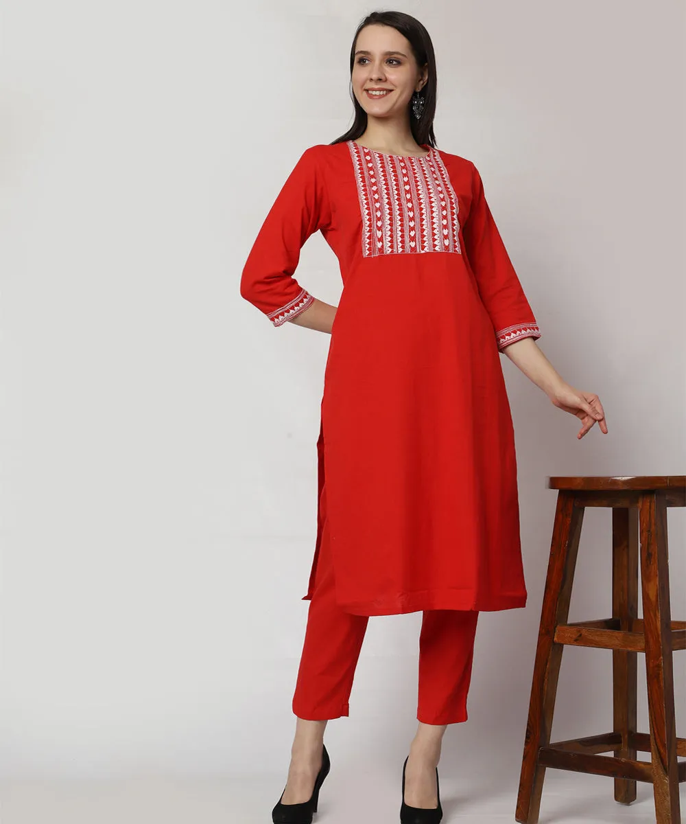 Red cotton hand embroidered 3/4 sleeve kurta set