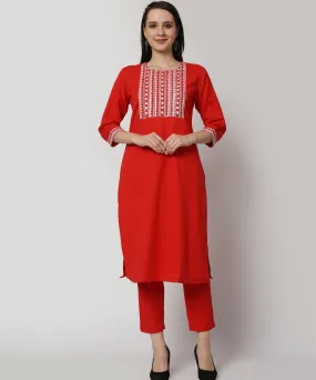 Red cotton hand embroidered 3/4 sleeve kurta set