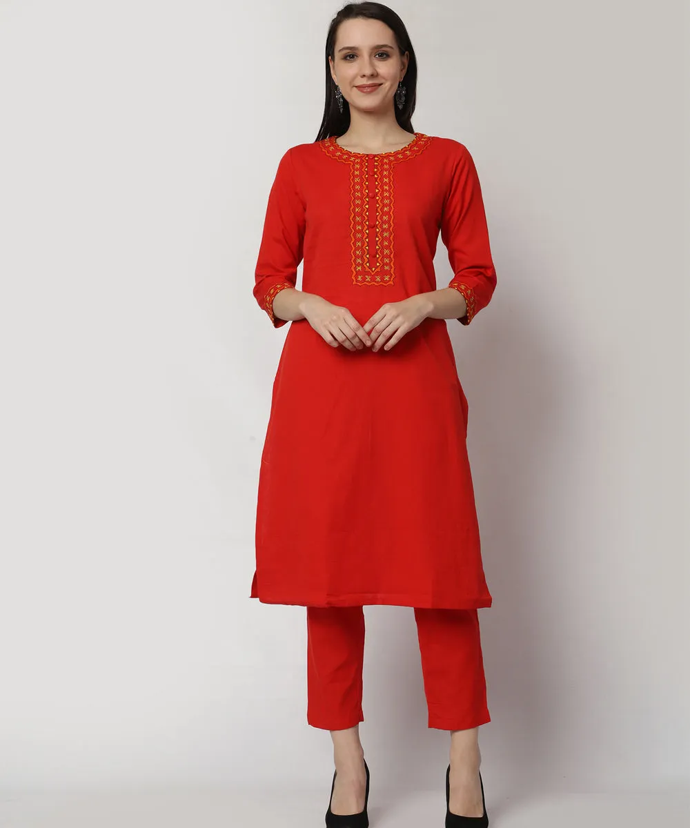 Red cotton hand embroidered kurta set