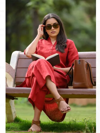 Red Plain Cotton Kurta Pant Set for Women