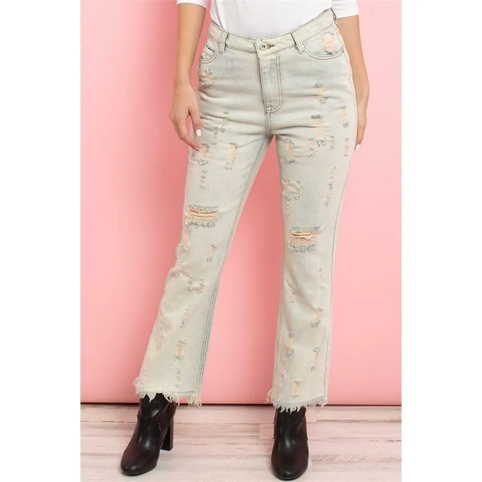 Ripped detail frayed hem straight leg jeans