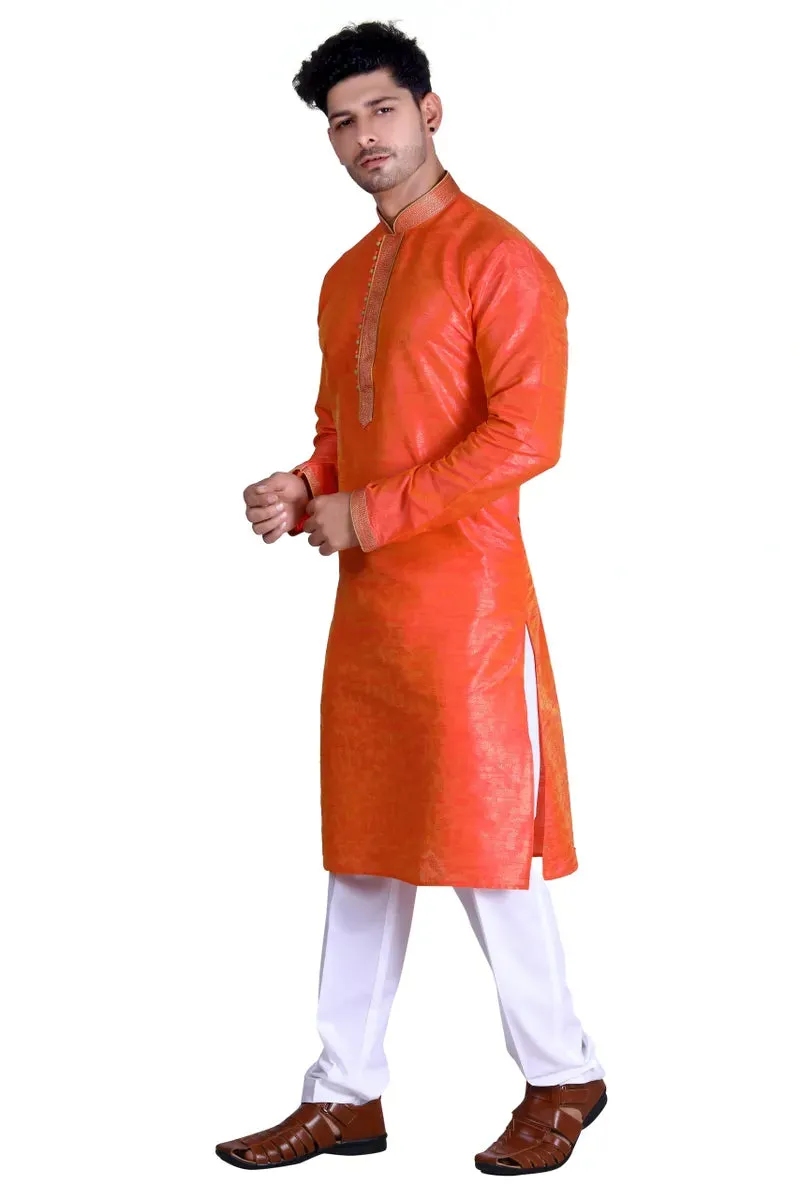 Royal Men's Embroidered Pure Silk Kurta Pajama Set - Orange