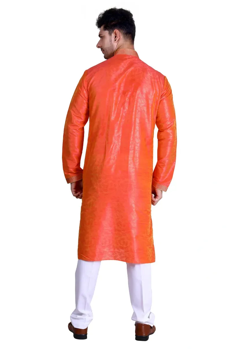 Royal Men's Embroidered Pure Silk Kurta Pajama Set - Orange