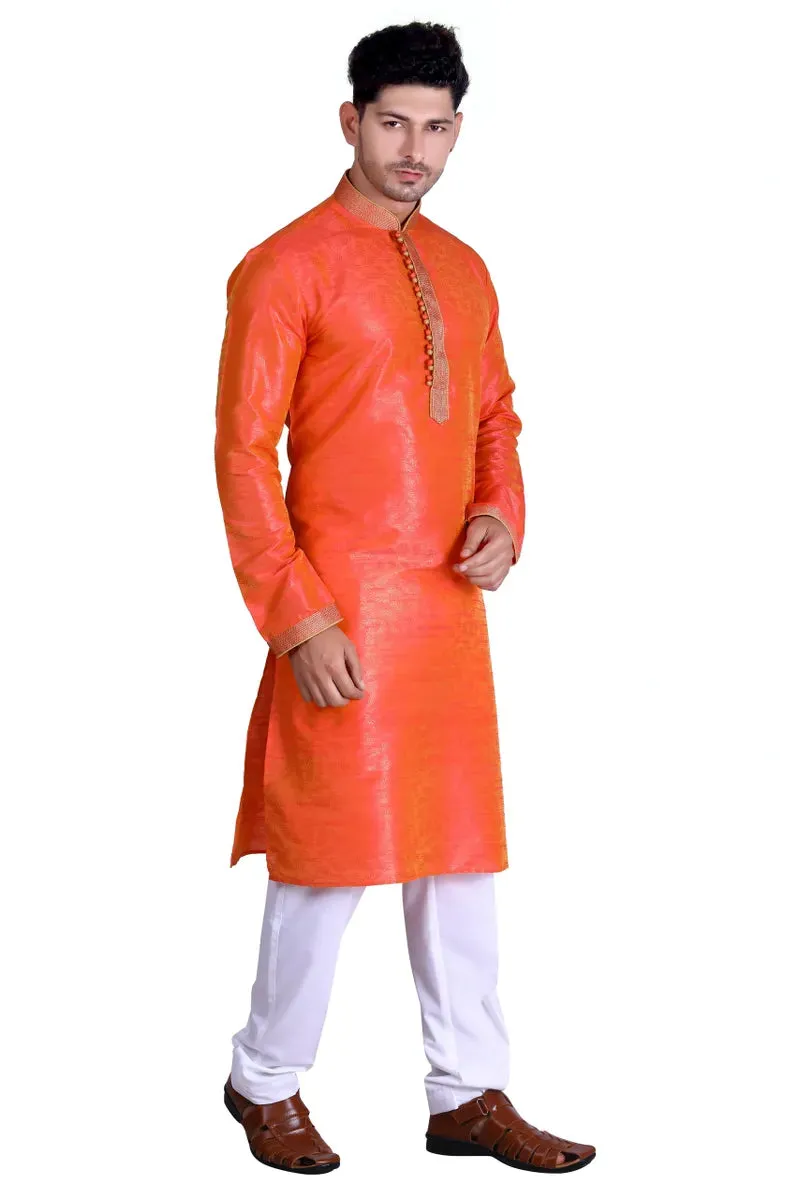 Royal Men's Embroidered Pure Silk Kurta Pajama Set - Orange