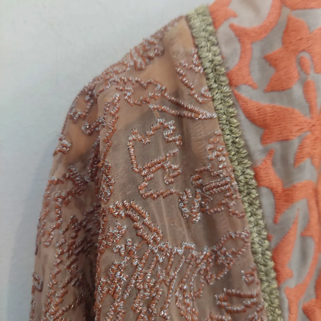 Sana Safinaz Beige & Coral Embroidered Cotton-net Kurta | Gently used |