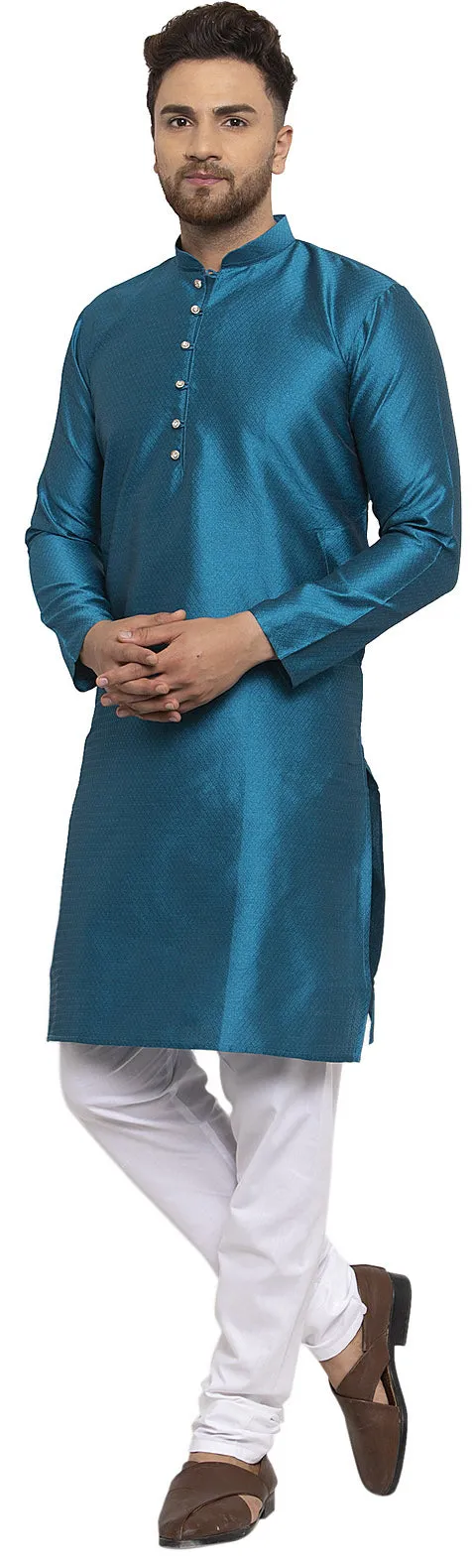 Self Design Men's Kurta pajama Evening Wear India Apparel (Blue)