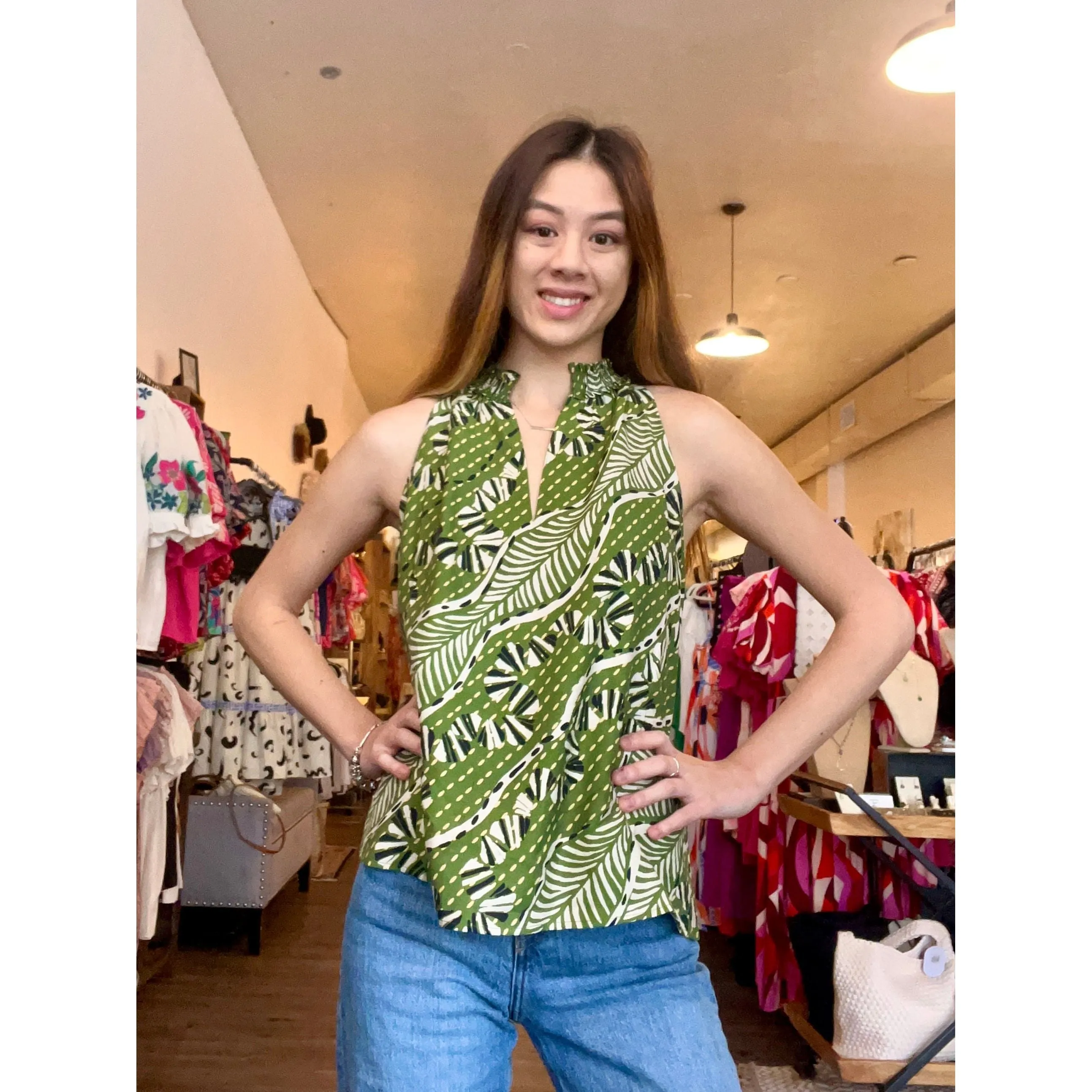 Shilo Sleeveless Green V-Neck Print THML Top