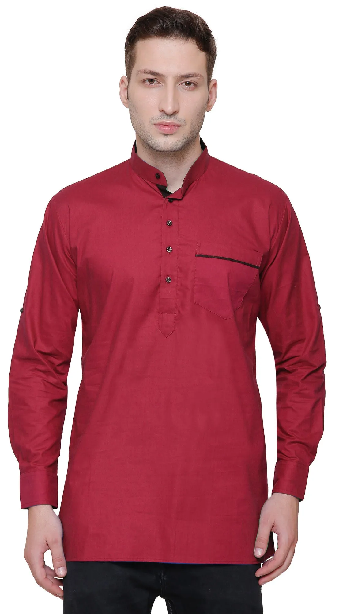 Short Kurta Shirt Mens Fine Cotton Designer Indian Fashion Clothes (Maroon)