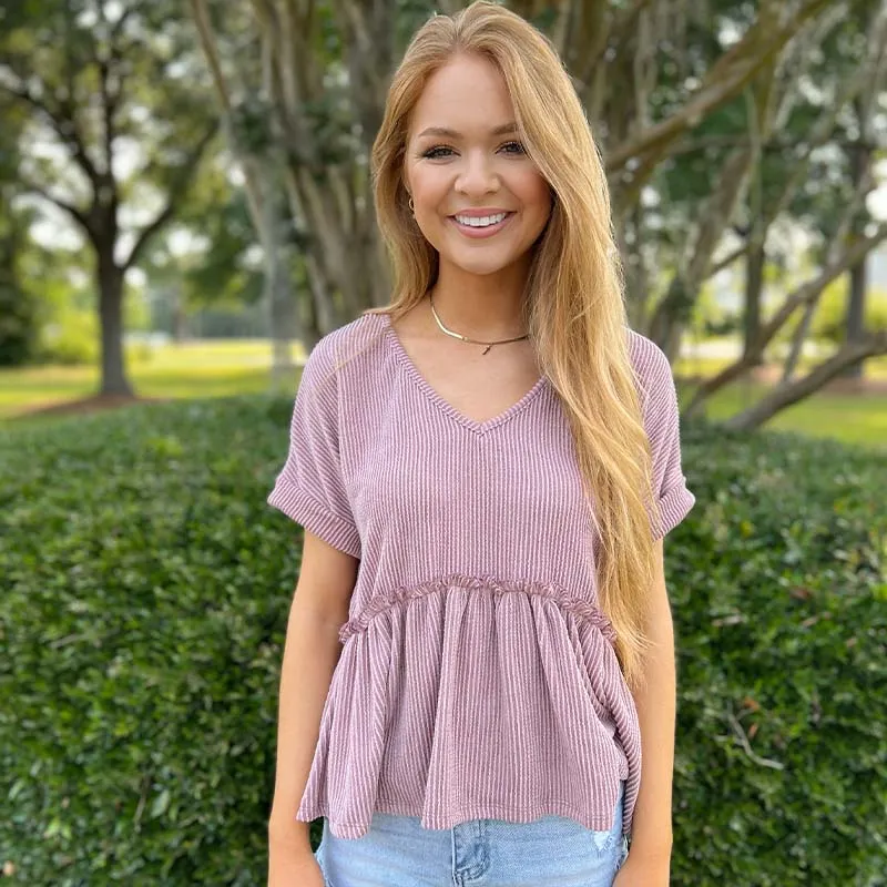 Short Sleeve Ribbed V-Neck Babydoll Top