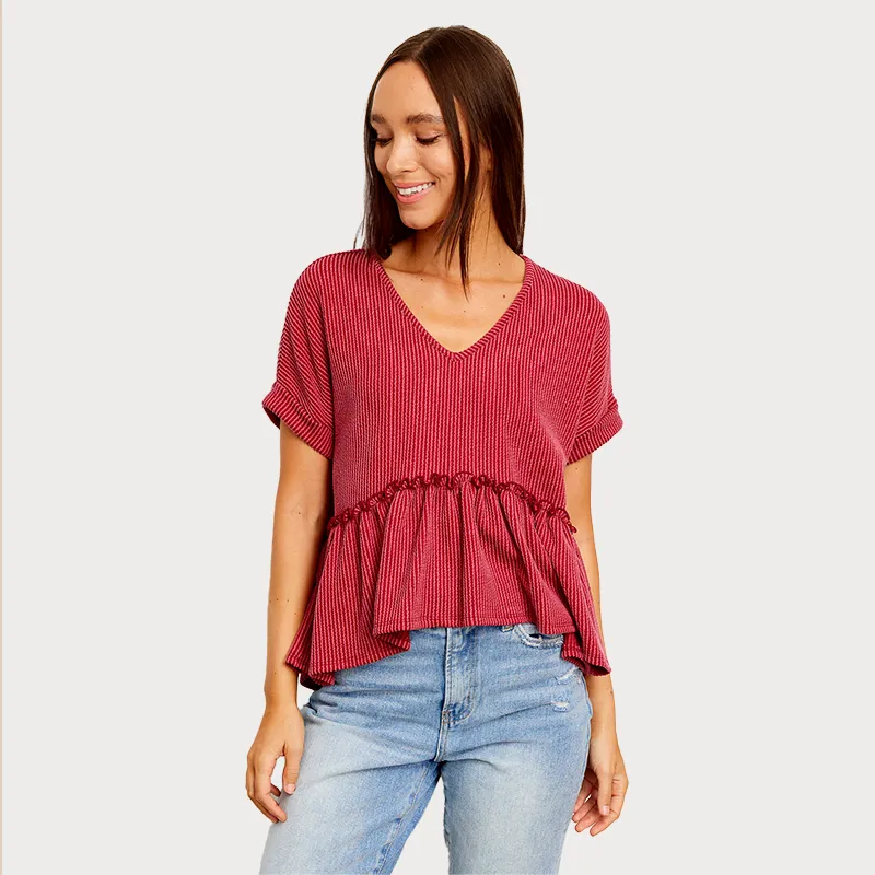 Short Sleeve Ribbed V-Neck Babydoll Top