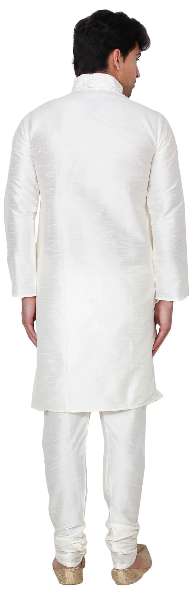 Silk Embroidered Mens Kurta Pajama India Clothing (Off-White)