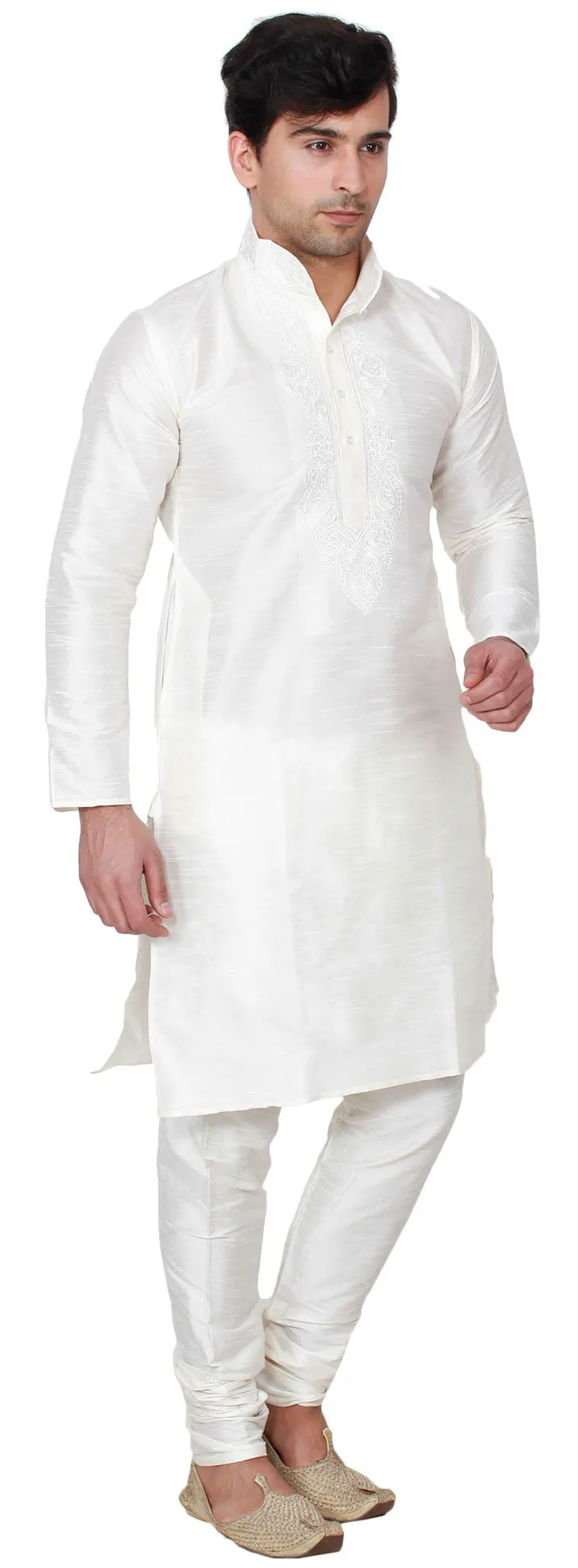 Silk Embroidered Mens Kurta Pajama India Clothing (Off-White)