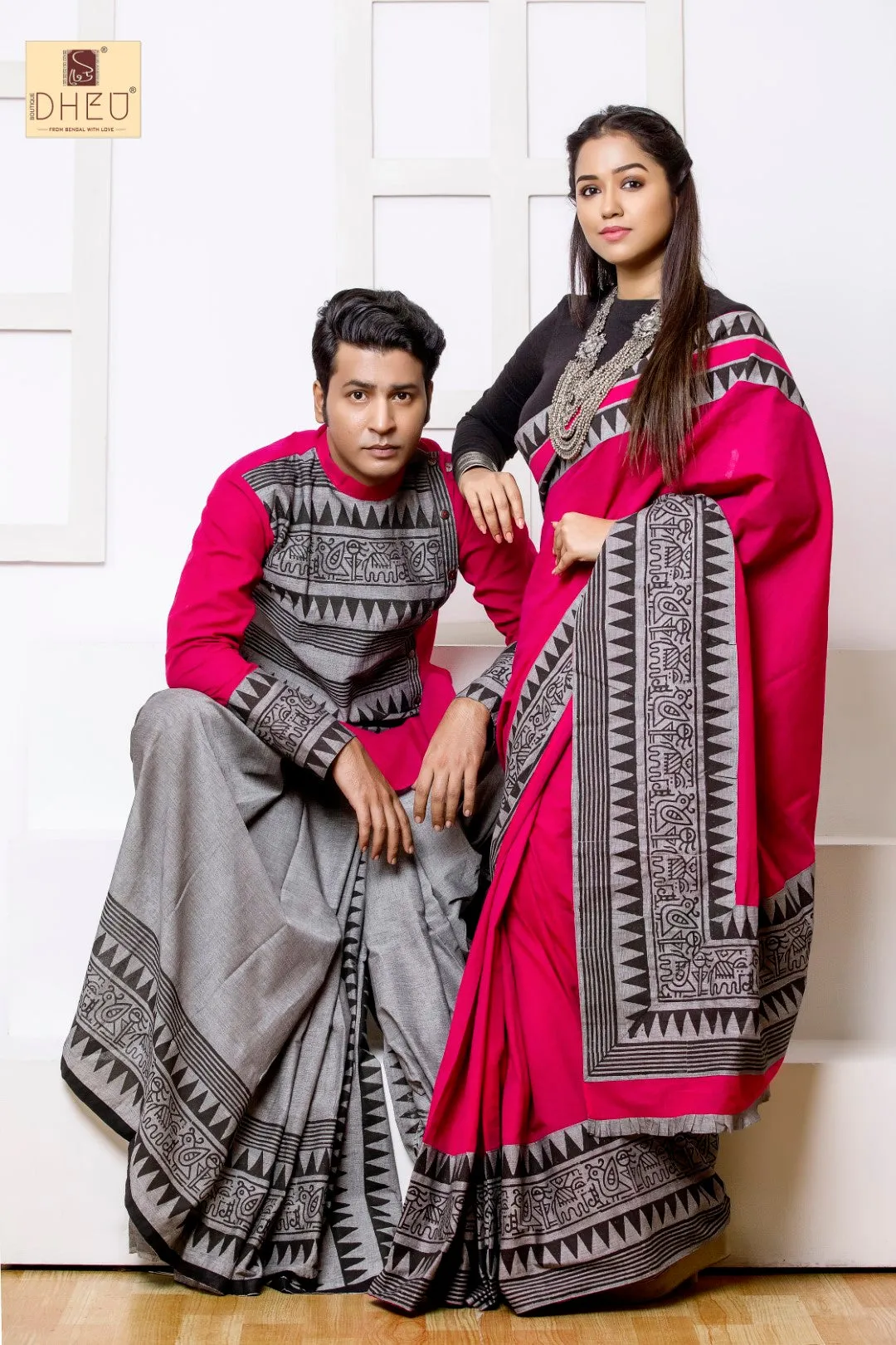 Elegant Couple Set: Traditional Saree for Her & Stylish Kurta with Optional Dhoti for Him