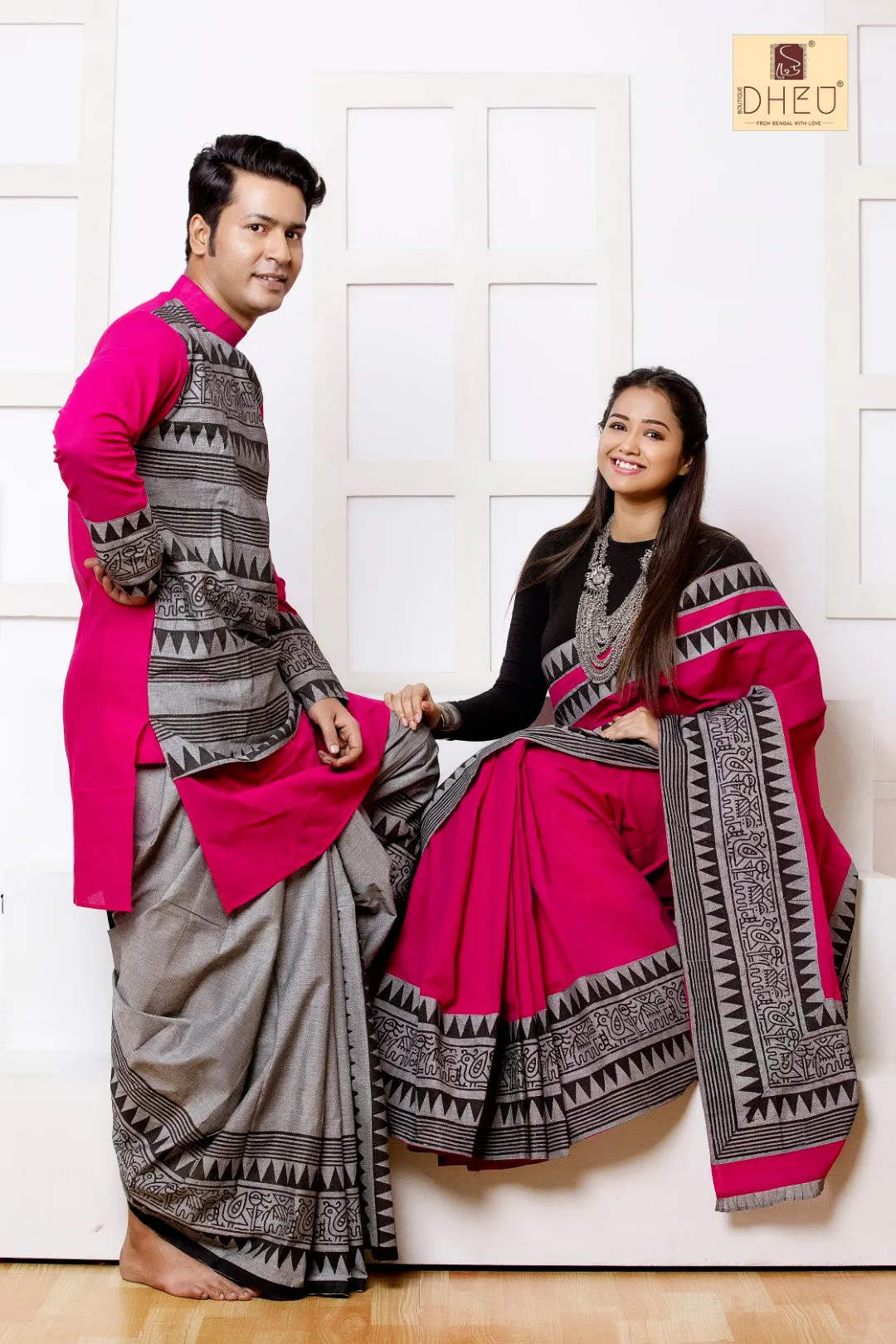 Elegant Couple Set: Traditional Saree for Her & Stylish Kurta with Optional Dhoti for Him